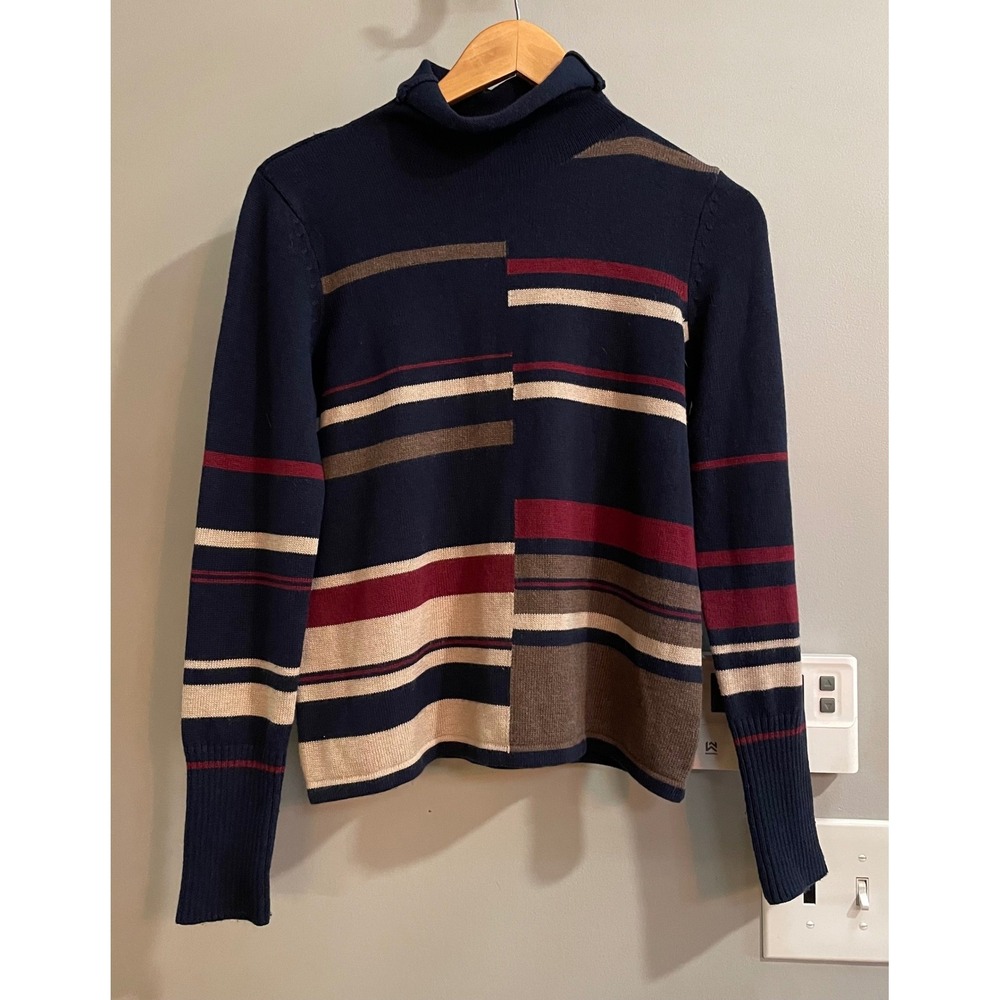 Ecru Turtleneck Sweater Womens Small Navy Blue Multi Block Stripe Wool Blend